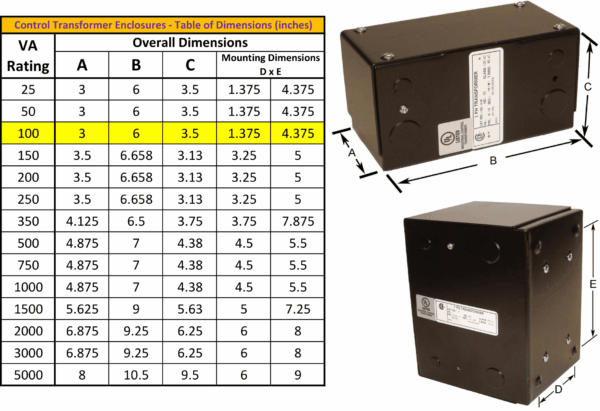 100VA 480 Volts to 120 Volts Single Phase Control Transformer