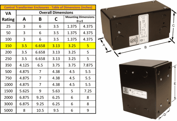 150VA 480 Volts to 120 Volts Single Phase Control Transformer