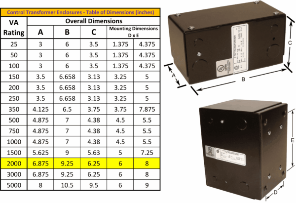 2000VA 600 Volts to 240/480 Volts Single Phase Control Transformer