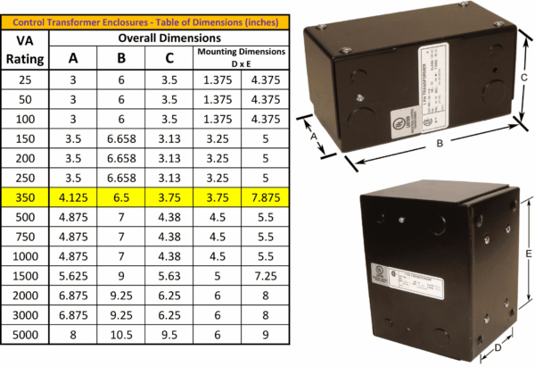 350VA 480 Volts to 120 Volts Single Phase Control Transformer