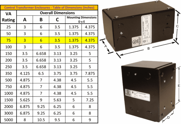 75VA 600 Volts to 120/240 Volts Single Phase Control Transformer