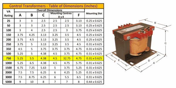 750VA 600 Volts to 120/240 Volts Single Phase Control Transformer